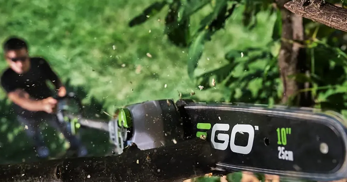 advanced EGO cordless electric carbon-fiber 10-inch pole saw comes with an LED cut line indicator