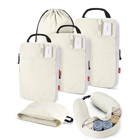 6-Pc BAGSMART Compression Packing Cubes w/ Fillable Neck Pillow (Light Beige)