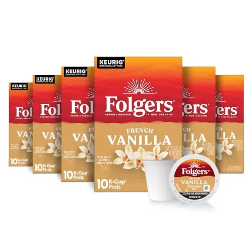 Folgers French Vanilla Artificially Flavored Coffee, K-Cup Pods, 60 Count | 6 (10-count) boxes, Medium roast coffee, Genuine K-Cup pods made to brew with your Keurig coffee maker