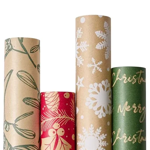 Vintage Recyclable Kraft Christmas Wrapping Paper - 4 Rolls