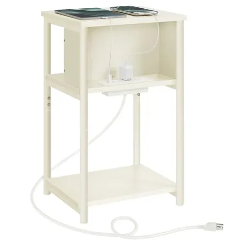 VASAGLE 3-Tier Side Table with Charging Station (Cream White)