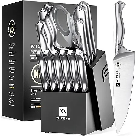 15-Pc WIZEKA Kitchen Knife Block Set w/ Built-In Sharpener
