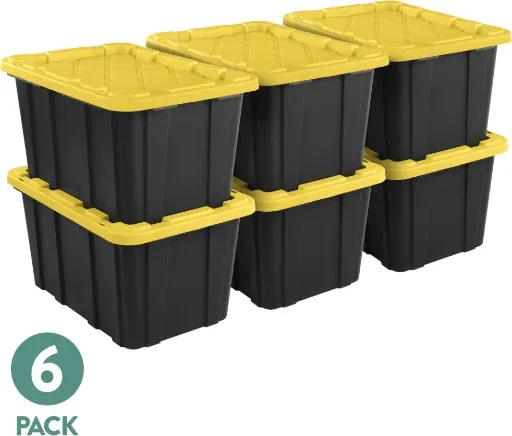 Sterilite 27 Gal Large Plastic Industrial Storage Bin with Snap-Fit Lid, Black and Yellow, 6 Pack