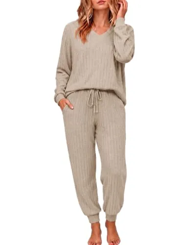 Ekouaer Womens Ribbed Knit Lounge Set Long Sleeve Pajama Sets