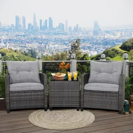 Gymax 3PCS Patio Rattan Sofa Set with Glass Tabletop