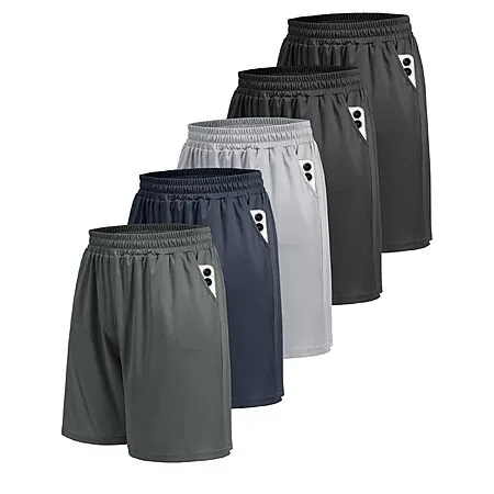 5-Pk BOOJO Athletic Gym Men's Shorts w/ Pockets (Large Only)