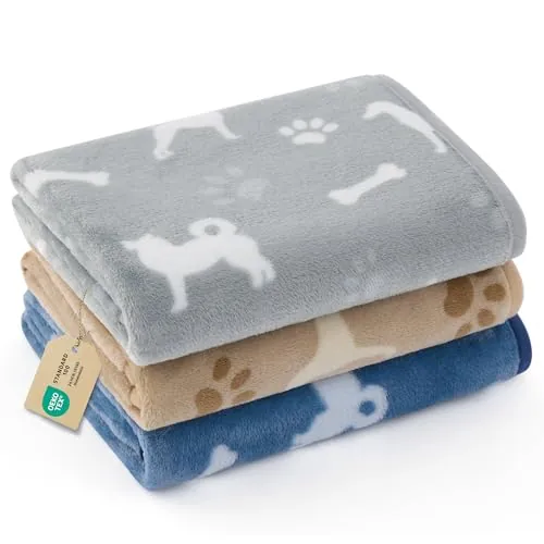 Bedsure 3-Pack 30"x20" Flannel Fleece Dog Blankets for Small Dogs (Happy Pups)