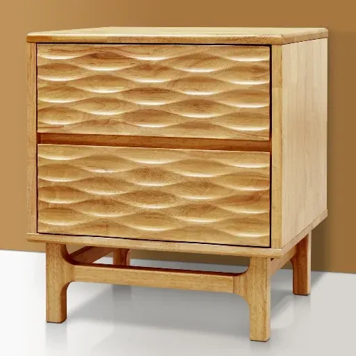 Acacia Elara Solid Wood Carved Wood Grain 2-Drawer Nightstand/End Table (Natural Oak)