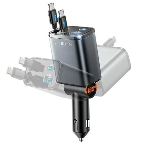 Lisen Retractable Car Charger w/ Dual USB-C Cable 75W