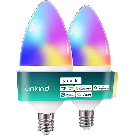 2-Ct Linkind Matter Smart Color-Changing B11 E12 Candelabra LED Light Bulbs