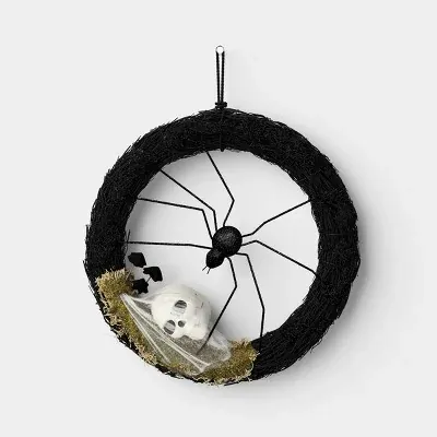 17.5" Vine Base Mixed Moss Artificial Halloween Wreath with Spider and Skull, Black/Green