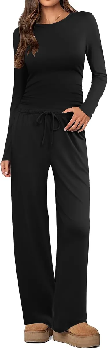 Ekouaer Women’s Ruched Long Sleeve Top w/ Wide Leg Pants Set