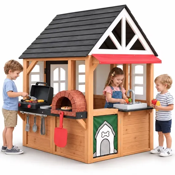 COCLUB Wooden Outdoor Playhouse with BBQ Grill, Bread Oven & Pretend Kitchen