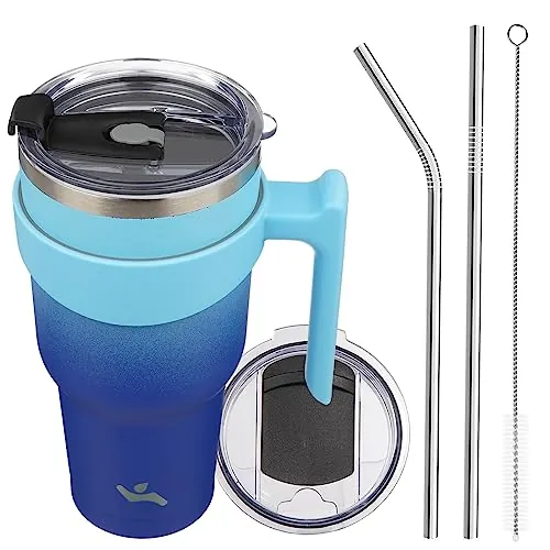 40-Ounce Konokyo Insulated Stainless Steel Tumbler w/ Handle, 2 Lids, 2 Straws (Sky Blue)