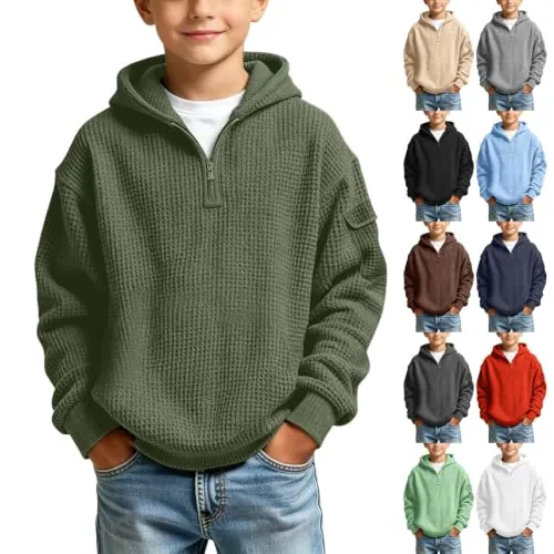 1/4 Zip Boys Hoodies with Arm Pocket Waffle Knit Pullover Sweatshirts