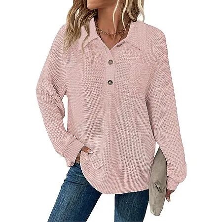 Balivsa Women's Waffle-Knit V-Neck Long-Sleeve Tunic