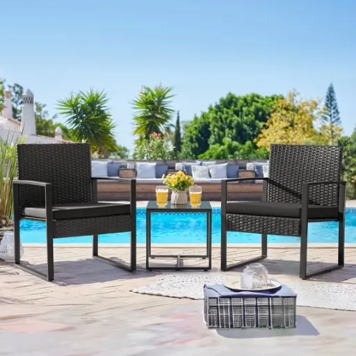 Lacoo 3 Pieces Outdoor Bistro Chair Set PE Rattan Patio Conversation Set of 2 with Cushion and Coffee Table