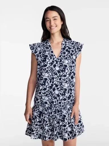 Time and Tru Women's Double Cloth Mini Dress with Flutter Sleeves Dark Navy