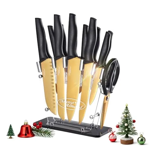 Marco Almond 14 Pieces Stainless Steel Gold Knife Set With Block