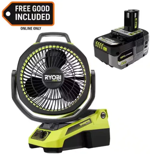 Ryobi ONE+ 18V Cordless Hybrid WHISPER SERIES 9 in. Oscillating Fan with ONE+ 18V 4.0 Ah Battery