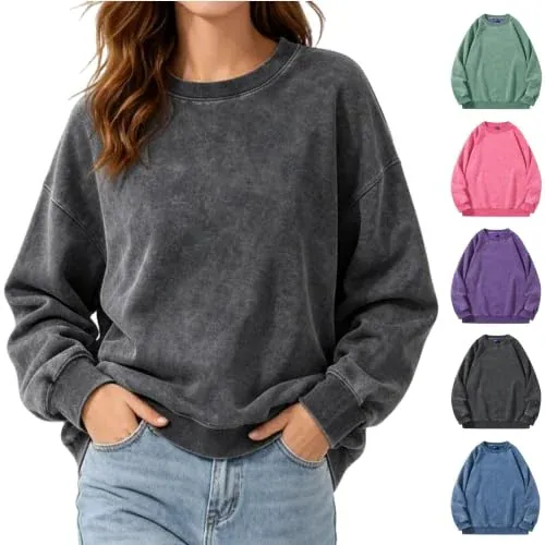 Womens Crewneck Washed Pullover Long Sleeve Casual Top