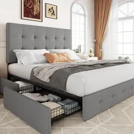 Allewie Upholstered Queen Size Platform Bed Frame w/ 4 Storage Drawers & Headboard