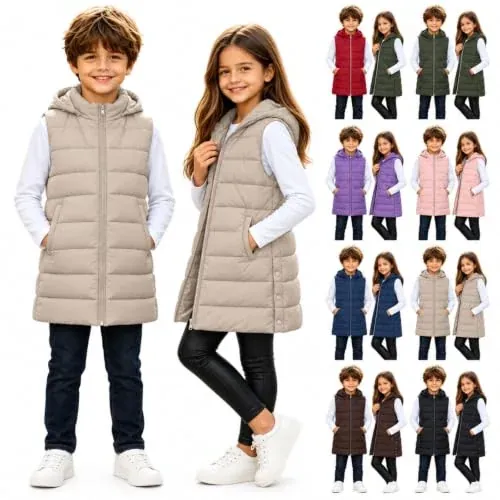 Kids Puffer Hooded Long Zip Up Sleeveless Jacket