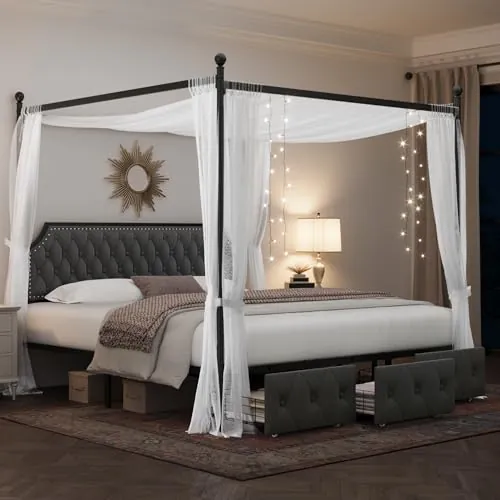 Keyluv King Upholstered Canopy Bed Frame with 3 Storage Drawers & Button Tufted Headboard