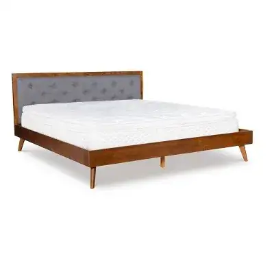 Linon King Reid Mid-Century Platform Bed with Tufted Headboard (Walnut / Grey)