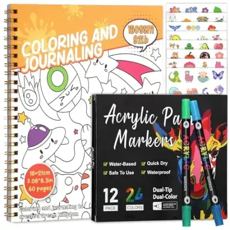 60-Page Prudiuut 7" x 8.3" Spiral Bound Coloring Book w/ 12 Dual Tip Acrylic Markers Set