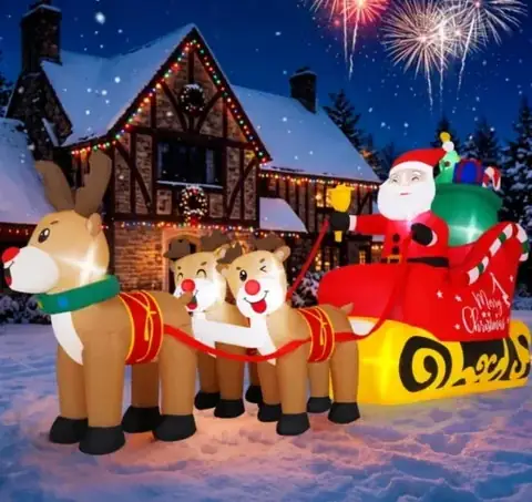 Firstness 8ft Christmas Inflatables Santa Claus on Sleigh with 3 Reindeer